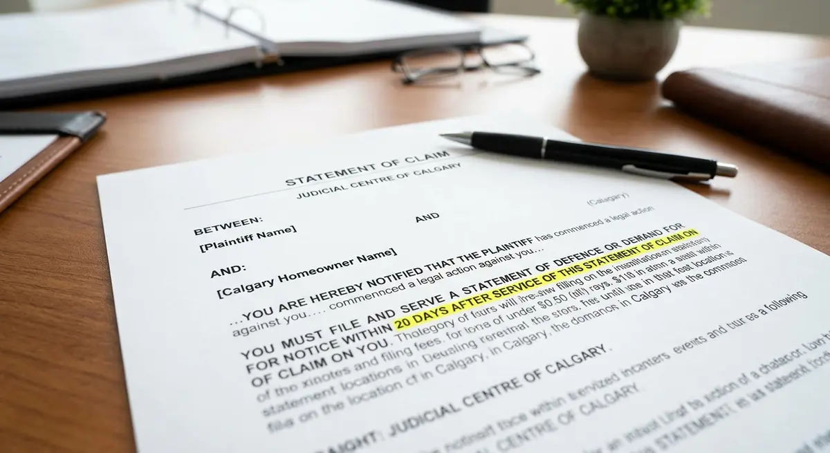 A detailed view of an Alberta Statement of Claim document highlighting the 20-day response deadline for Calgary homeowners