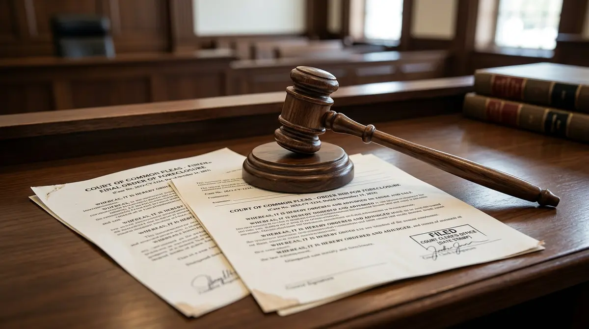 A legal gavel resting on foreclosure court orders including an Order Nisi and Final Order of Foreclosure