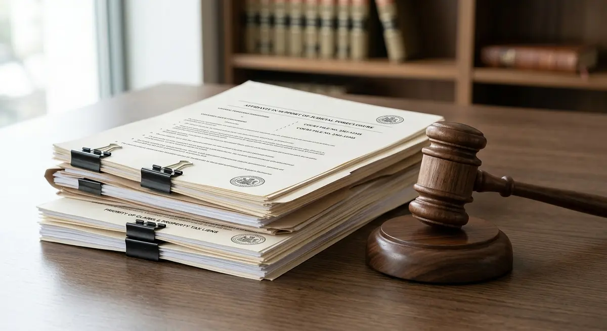 Legal documents and a gavel representing the judicial foreclosure process and property tax hierarchy in Alberta