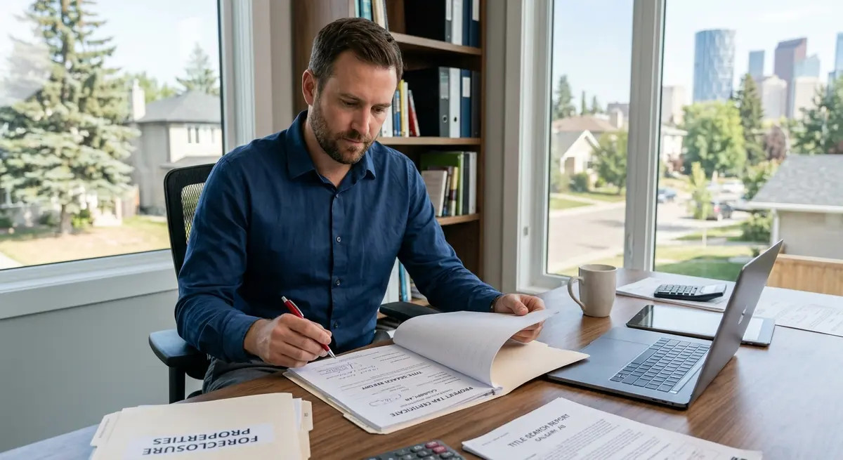 Real estate investor reviewing property tax certificates and title documents for a Calgary foreclosure