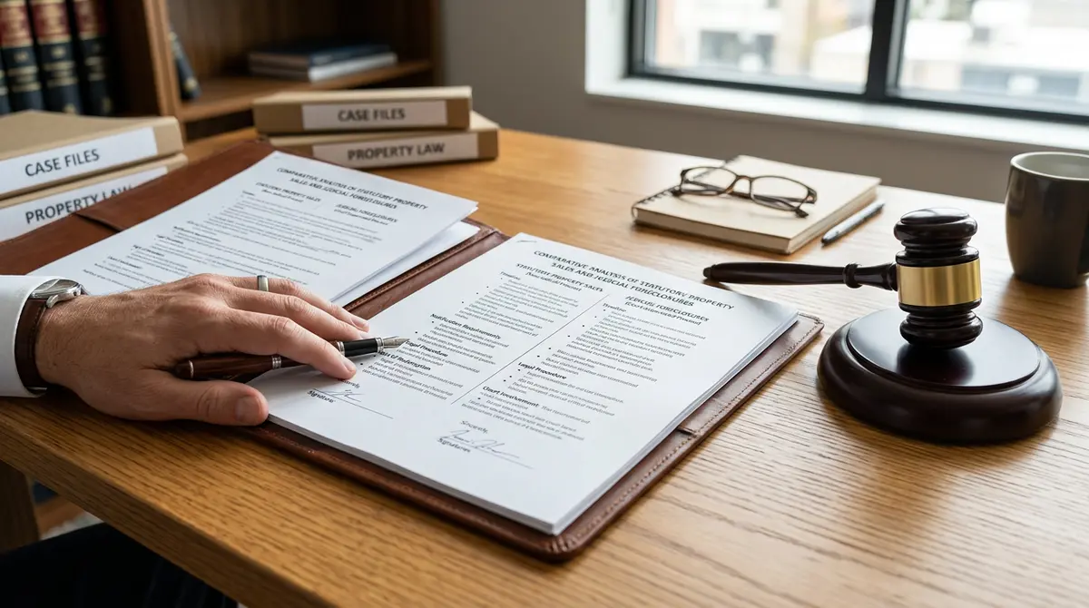 A legal document comparing statutory property sales and judicial foreclosures on a wooden desk with a gavel
