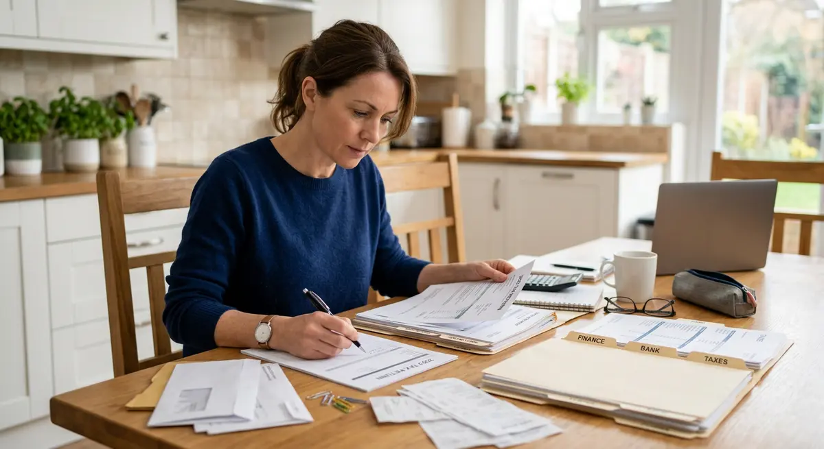 A homeowner organizing financial documents, bank statements, and tax returns at a kitchen table