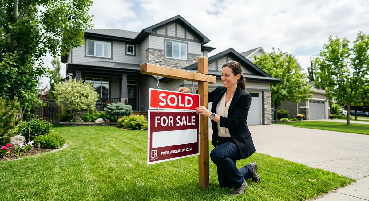 A real estate agent placing a sold sign in front of a suburban Alberta home