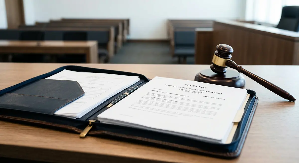 Legal documents and a gavel representing the judicial foreclosure process in Alberta