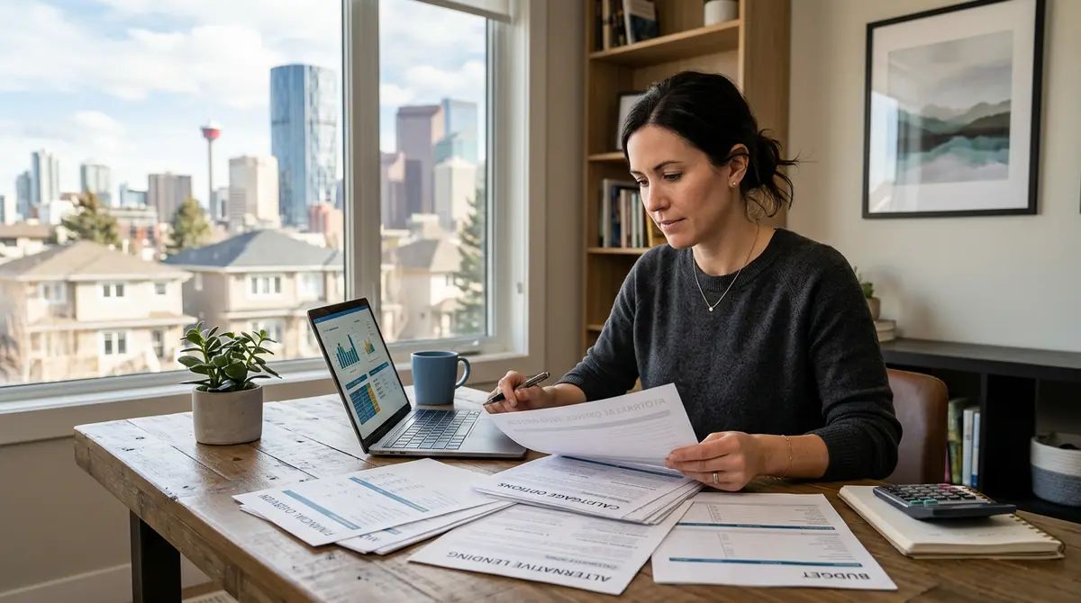 Calgary homeowner reviewing financial documents and alternative mortgage options