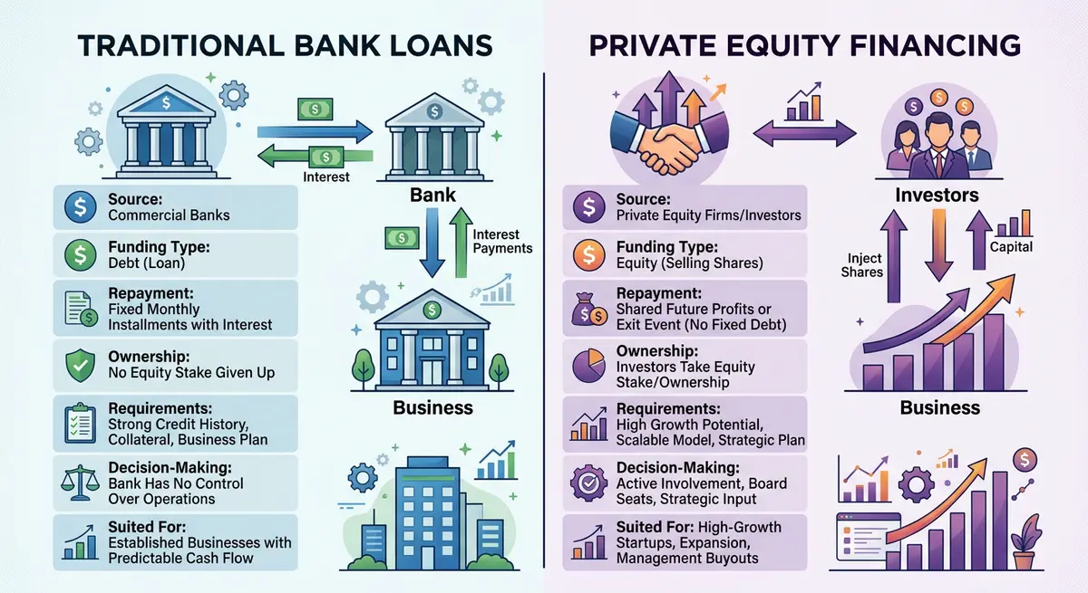 A comparison chart showing traditional bank loans versus private equity financing