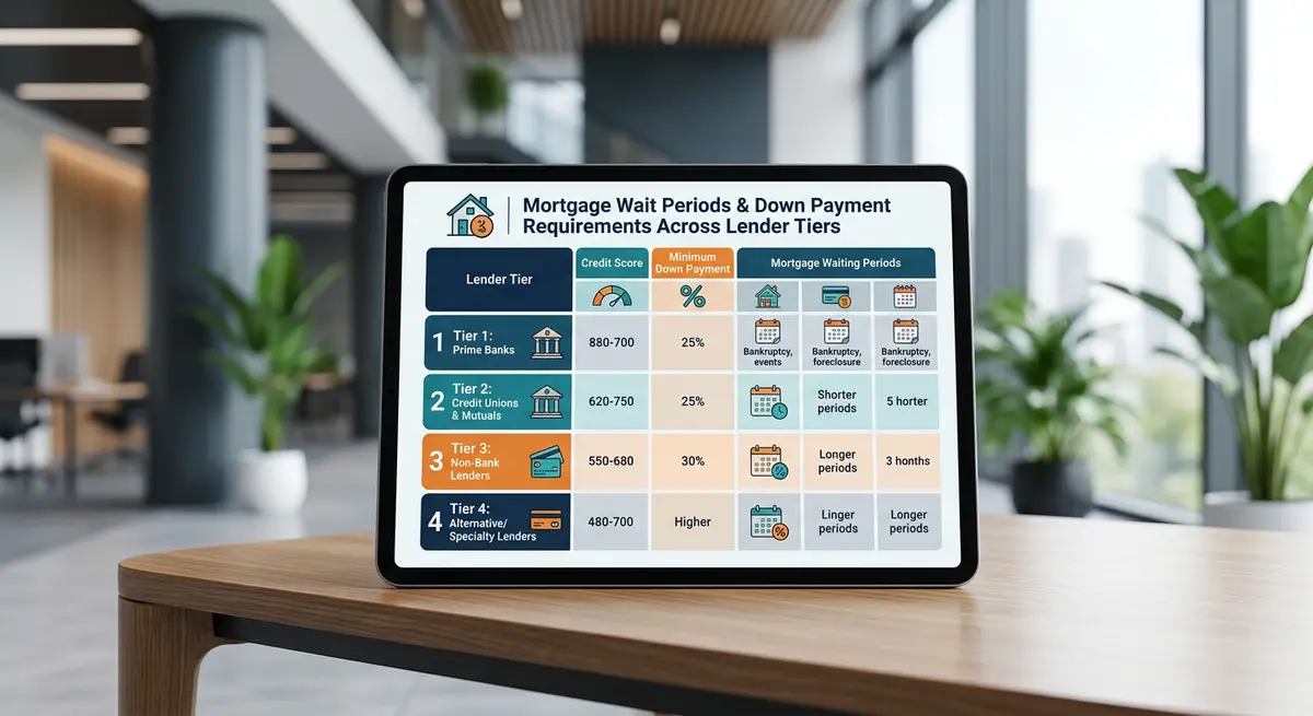 Comparison chart showing mortgage waiting periods and down payment requirements across different lender tiers in 2026