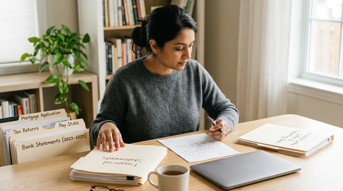 A borrower organizing financial documents and hardship letters for a new mortgage application