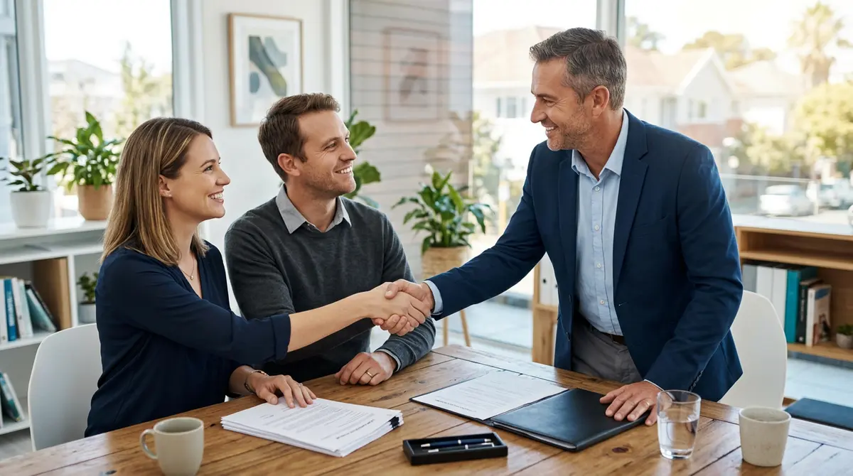A couple shaking hands with a mortgage broker after successfully securing a new home loan post-foreclosure