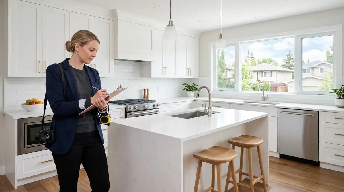 Professional real estate appraiser evaluating a recently renovated kitchen in a Calgary home