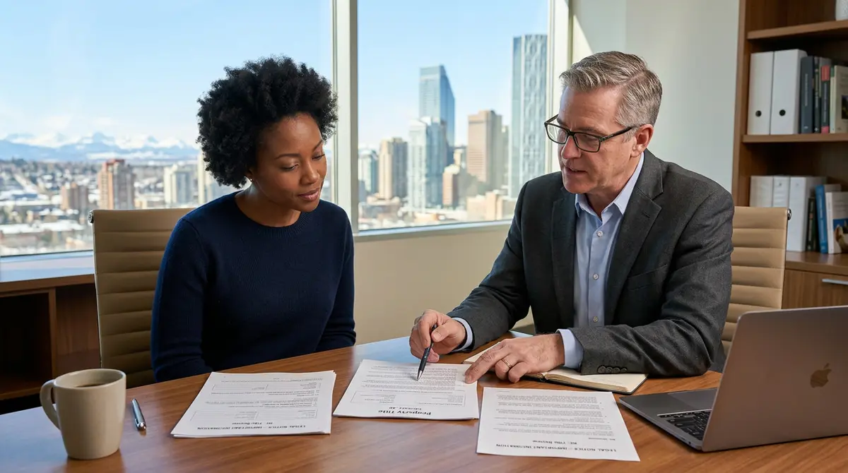 Calgary homeowner reviewing property title documents and legal notices with a financial advisor
