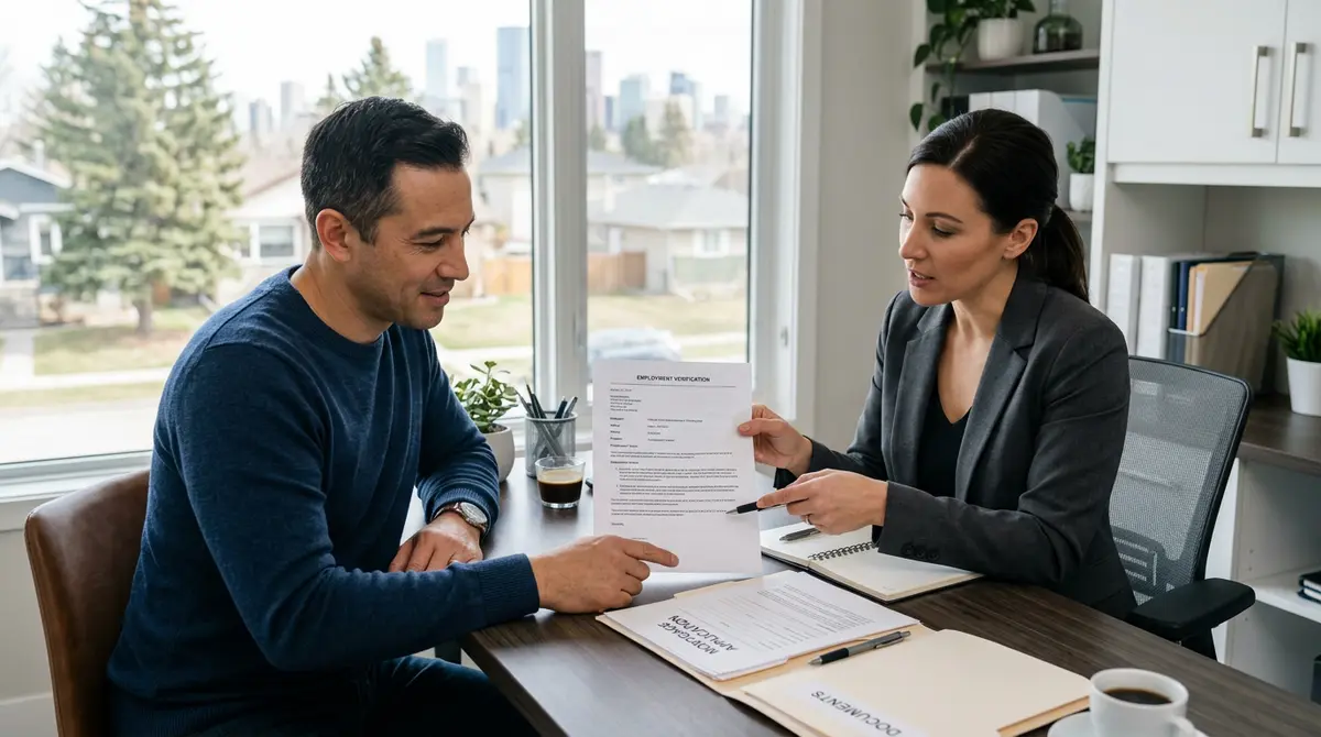 A Calgary homeowner reviewing a detailed employment letter with a mortgage broker