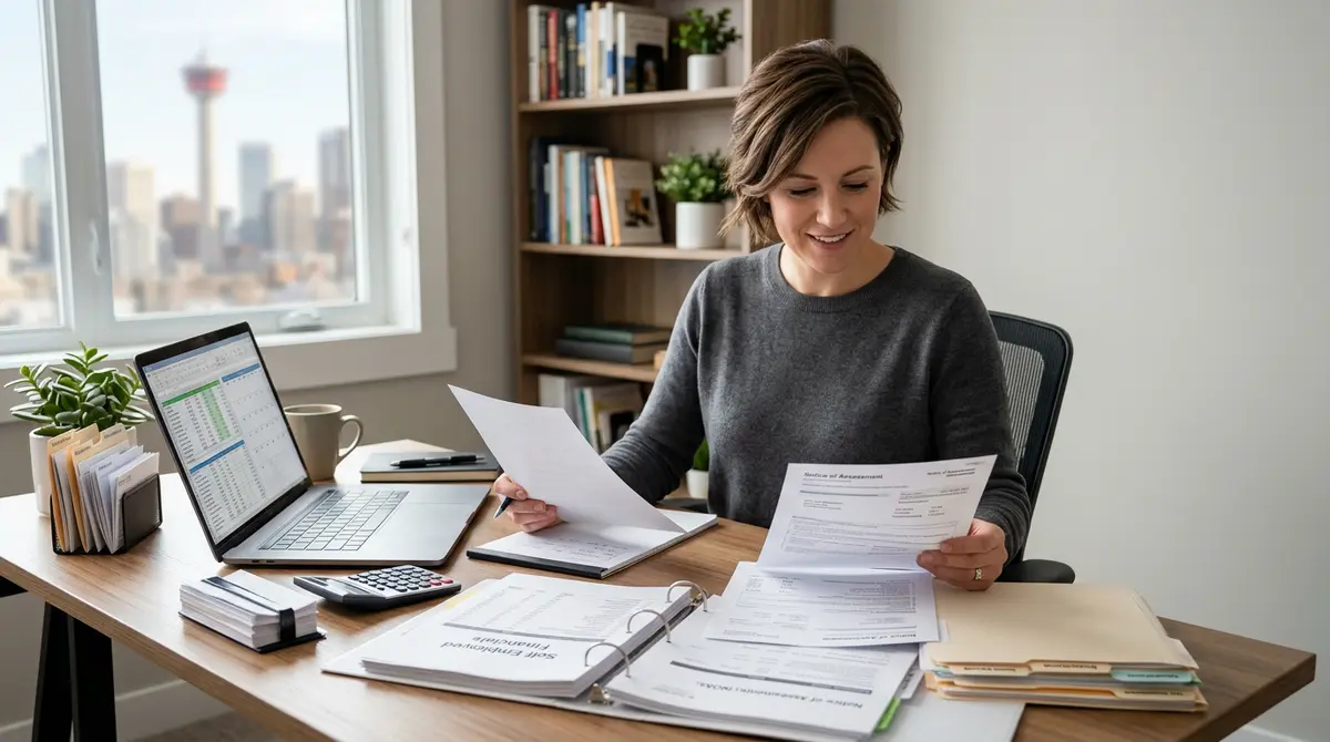 A self-employed Calgary business owner organizing tax documents and NOAs for alternative income verification