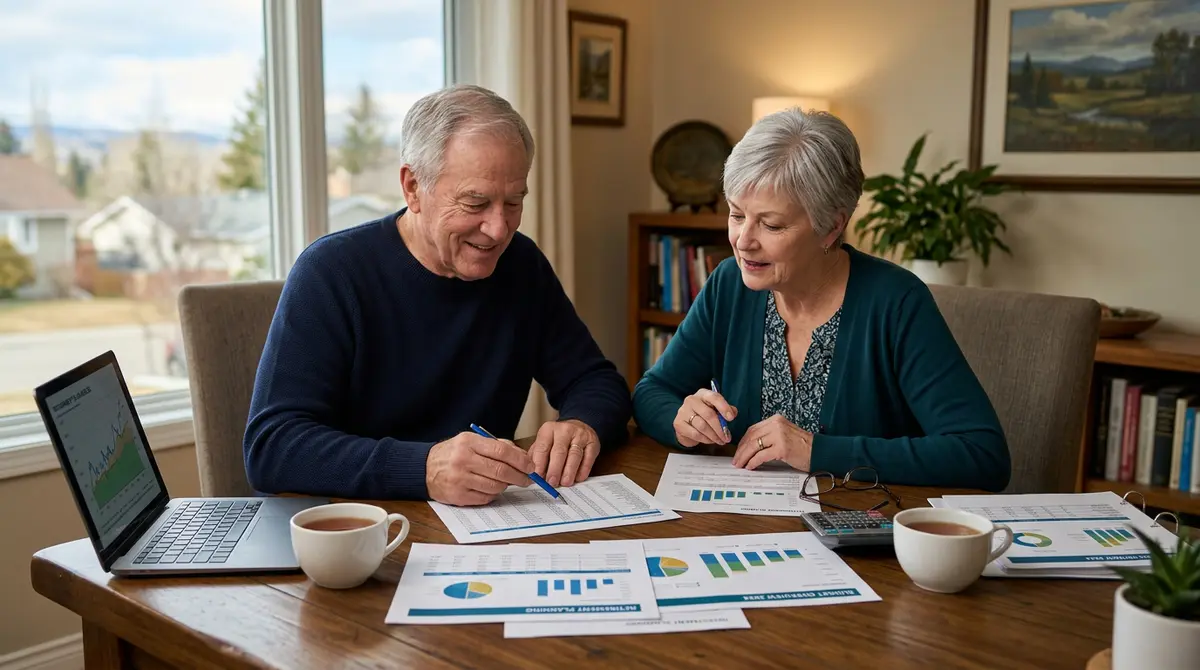 Senior couple reviewing financial documents at a dining table in their Calgary home