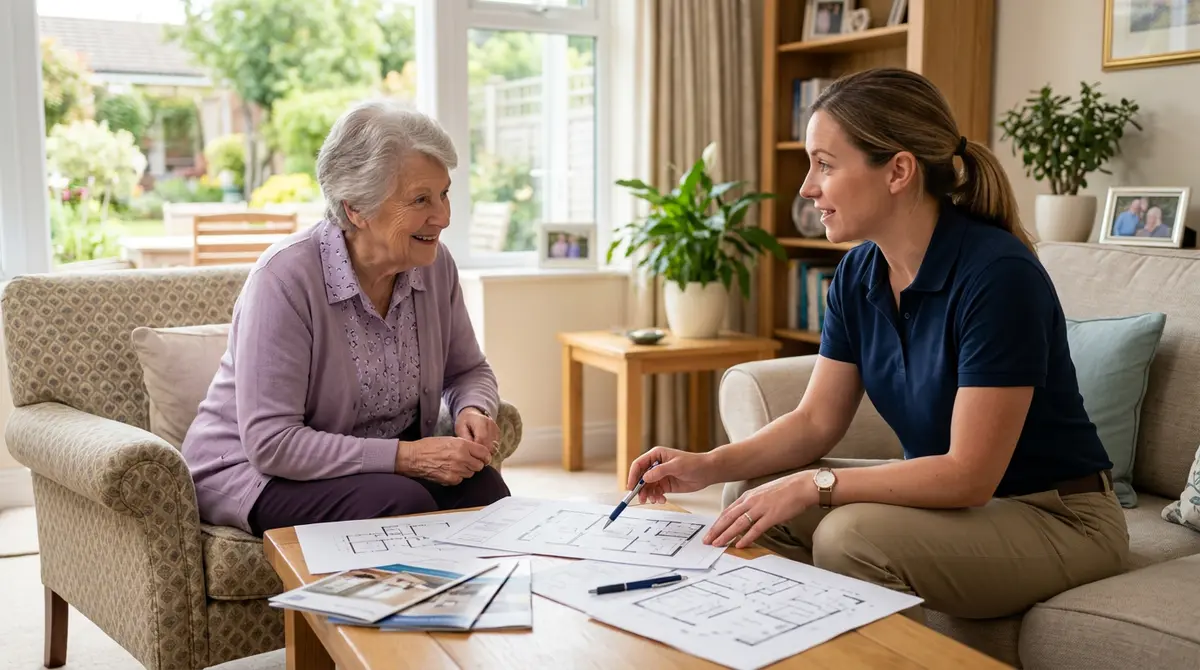 Contractor discussing aging-in-place home renovation plans with an elderly homeowner