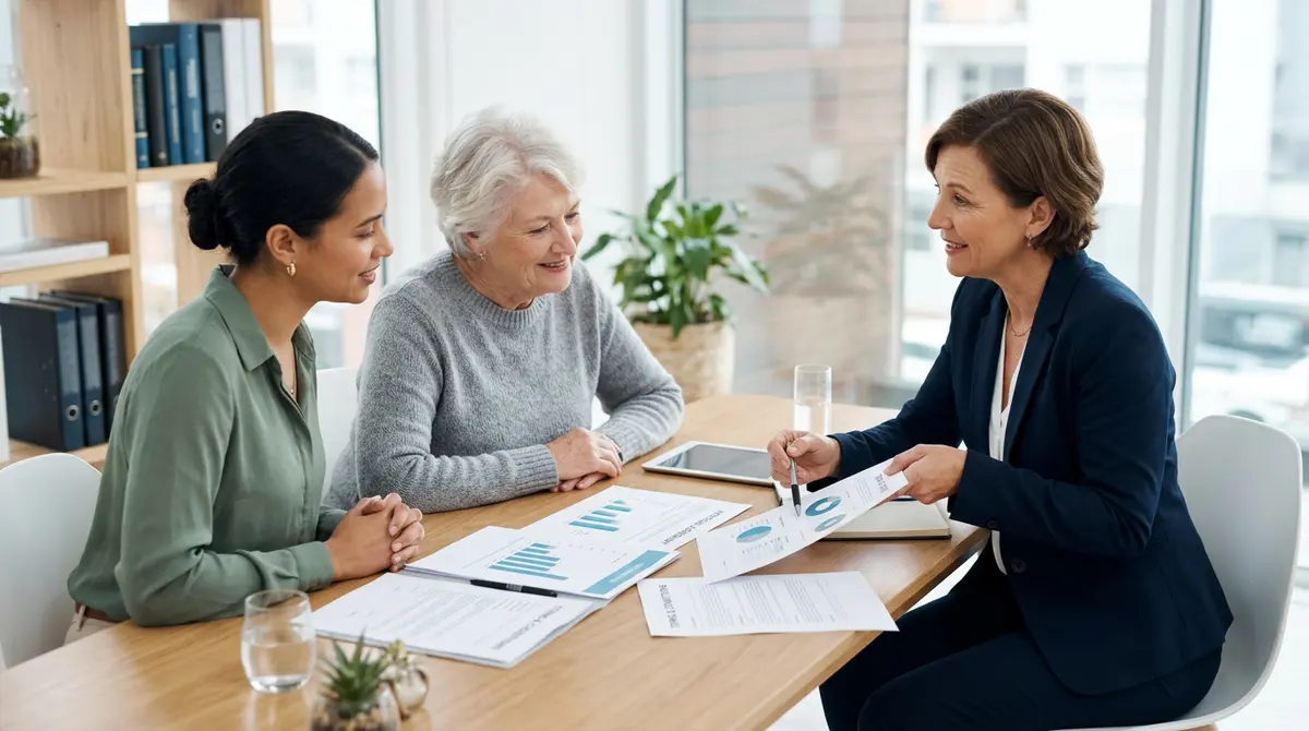 Financial advisor explaining mortgage terms to a senior client and their adult daughter