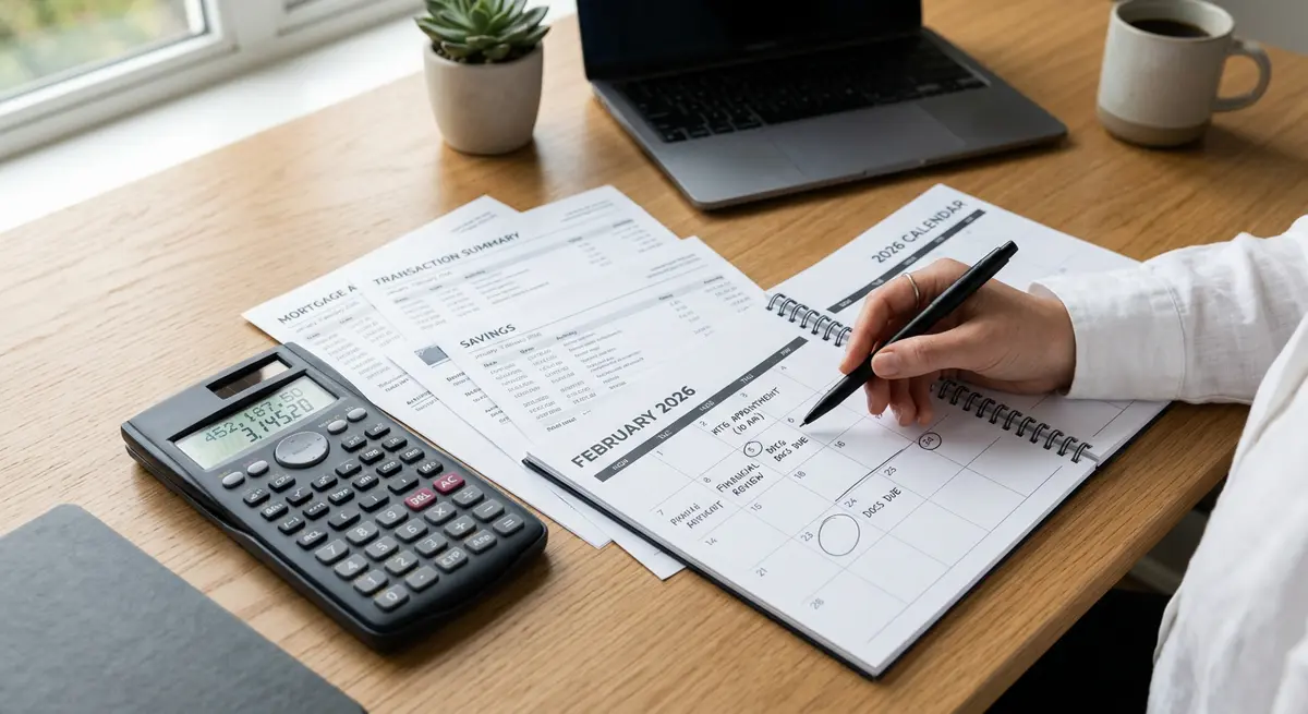 Close up of a calculator, bank statements, and a 2026 calendar used for mortgage planning