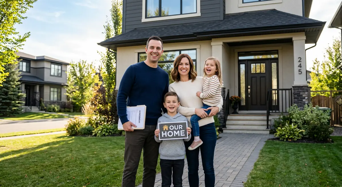 Calgary family standing in front of their home after successfully securing secondary financing