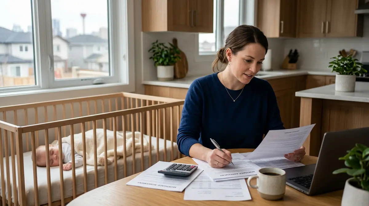 A Calgary mother reviewing financial documents and mortgage paperwork at her kitchen table while her baby sleeps nearby.