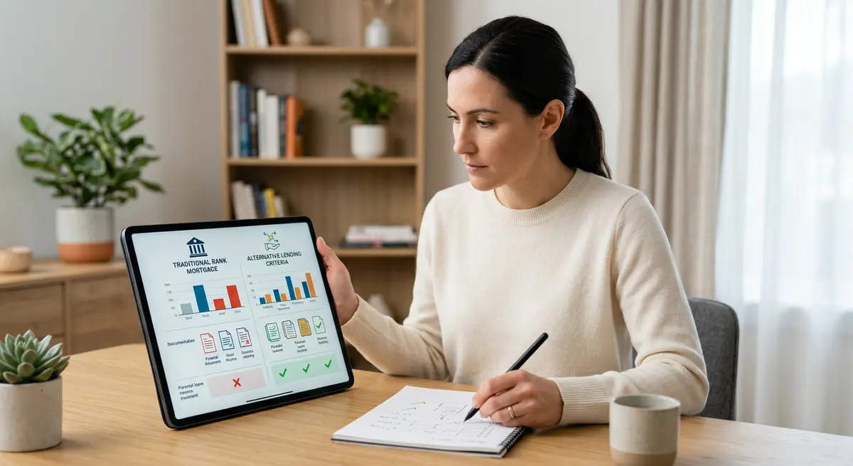 A comparison chart showing the difference between traditional bank mortgage approvals and alternative lending criteria for parents on leave.