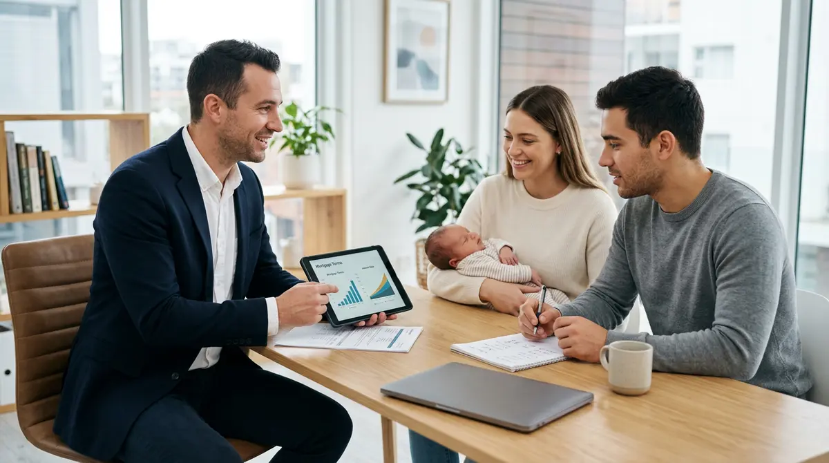 A professional mortgage broker explaining loan terms and compounding interest to a young couple holding their newborn baby.