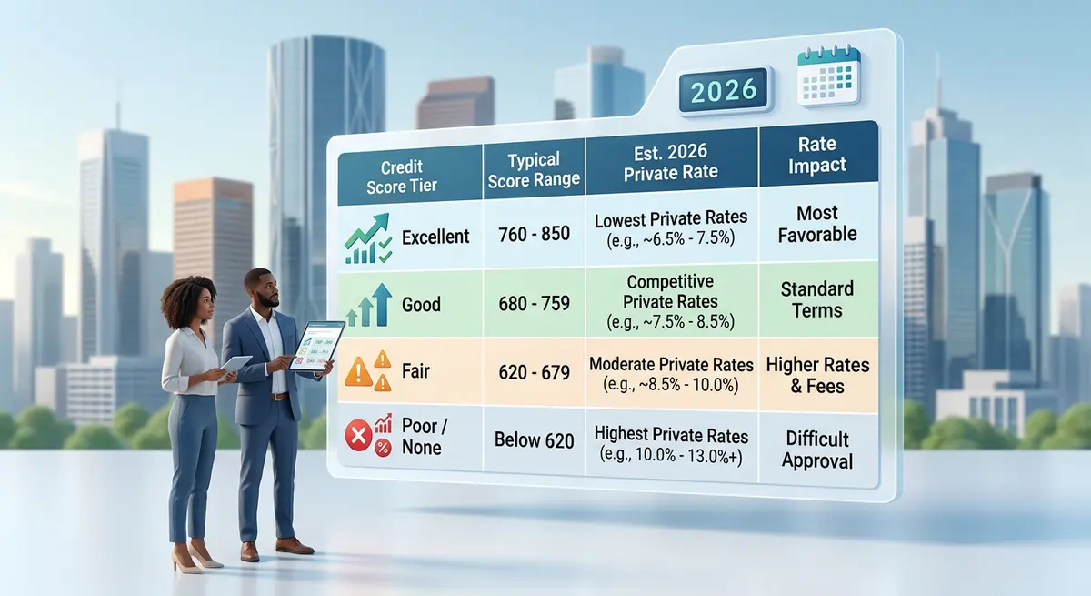 A comparison chart showing how credit score tiers affect private mortgage interest rates in Calgary for 2026