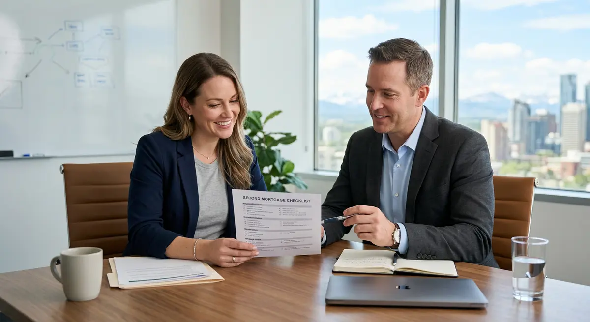 A homeowner reviewing a second mortgage document checklist with a private lender in Alberta