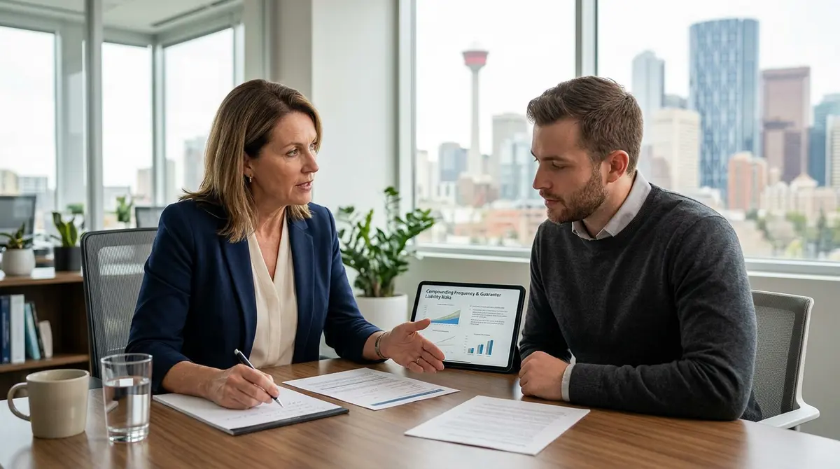 A financial advisor explaining the risks of compounding frequency and guarantor liability to a Calgary borrower