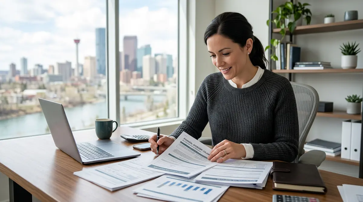Calgary entrepreneur reviewing financial documents for a stated income second mortgage application