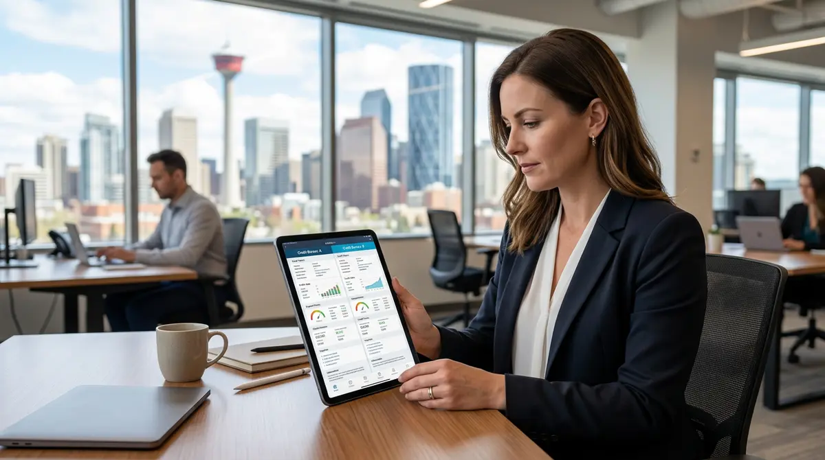 A side-by-side comparison chart showing Equifax and TransUnion credit reports on a modern tablet device in a Calgary office setting.