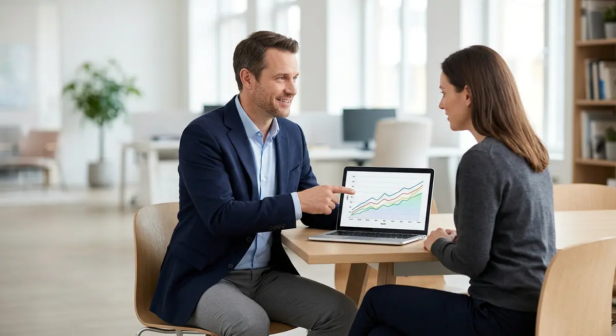 A financial advisor pointing to a laptop screen showing a trended data graph from a TransUnion CreditVision report.