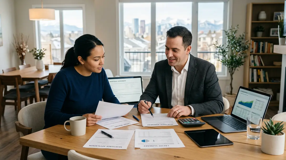 A Calgary homeowner reviewing mortgage documents and credit reports at a dining room table with a mortgage broker.