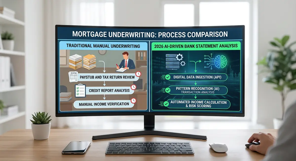 A comparison chart showing traditional manual mortgage underwriting versus 2026 AI-driven bank statement analysis.