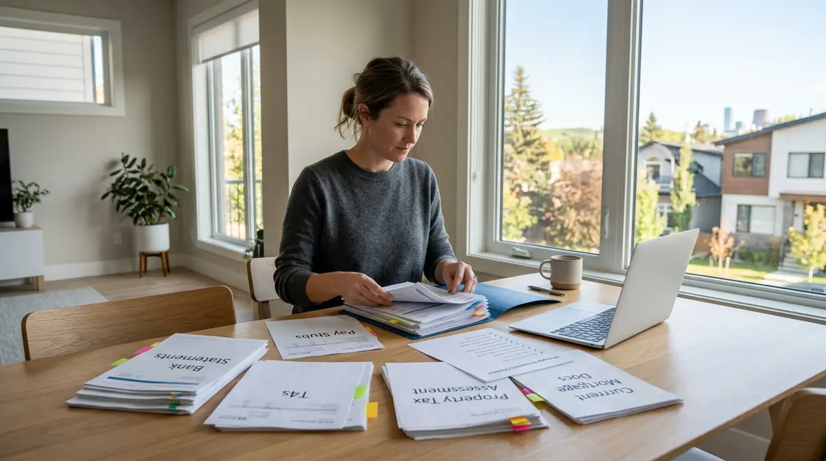 A homeowner organizing financial documents and bank statements for a second mortgage application in Calgary.