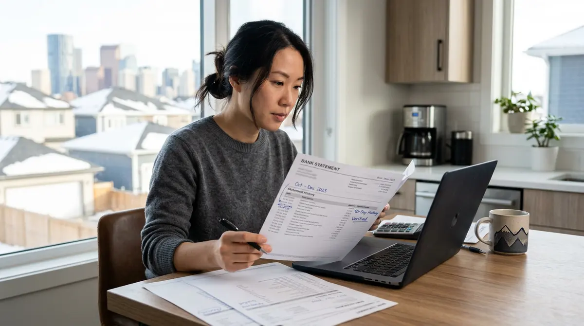 Calgary homeowner reviewing bank statements for 90-day seasoning verification