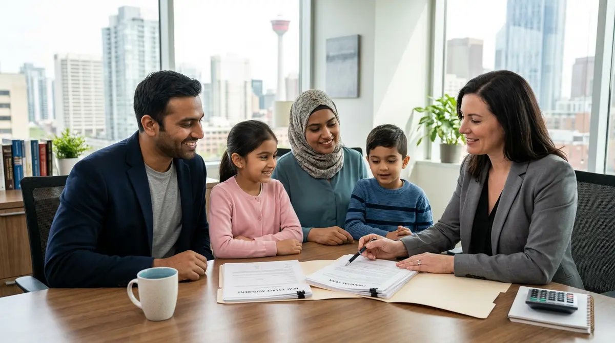 A diverse newcomer family reviewing real estate documents with a financial advisor in an Alberta office