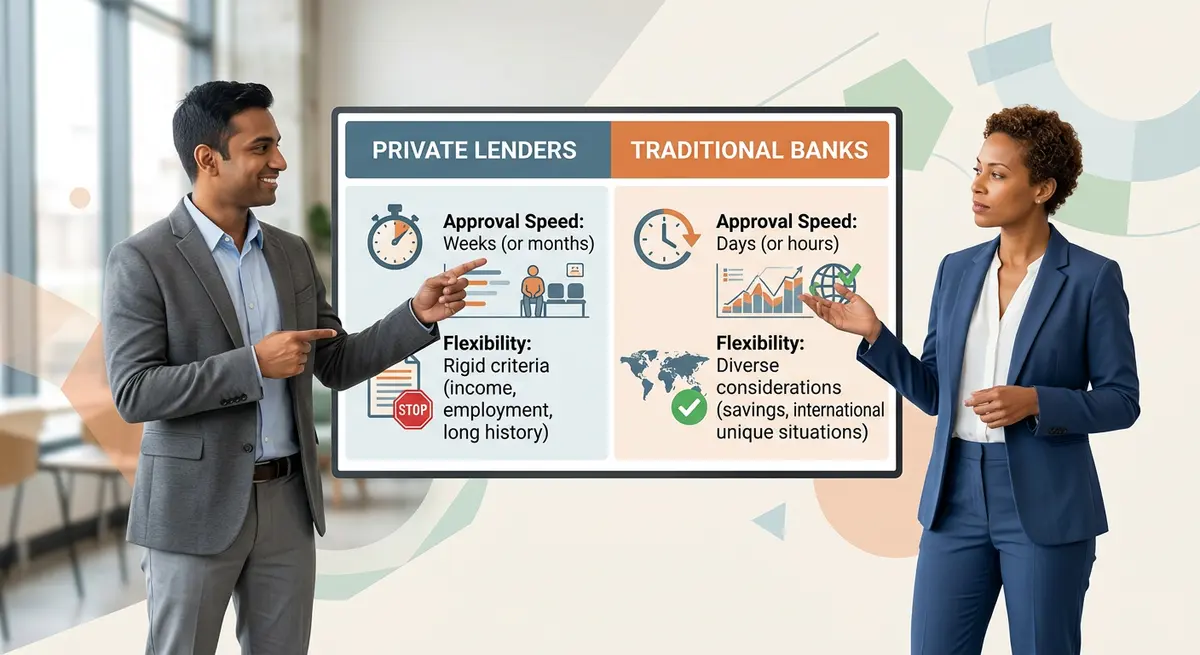 Comparison chart showing the approval speed and flexibility of private lenders versus traditional banks for newcomers