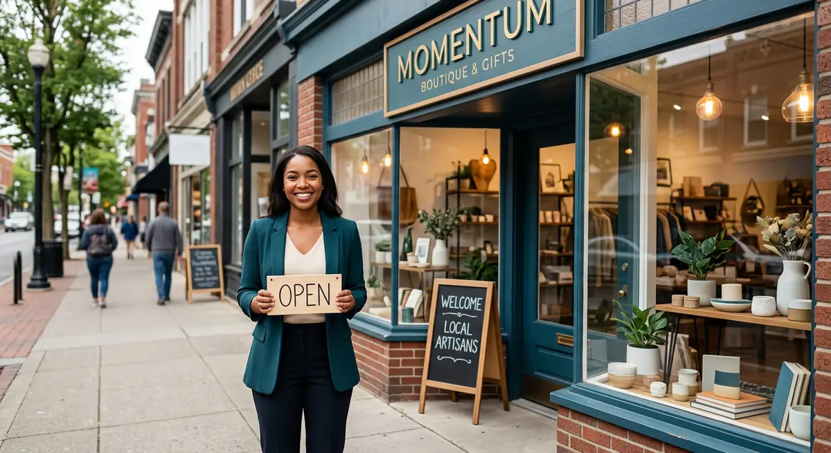 A newcomer entrepreneur standing proudly in front of their new retail business funded by home equity