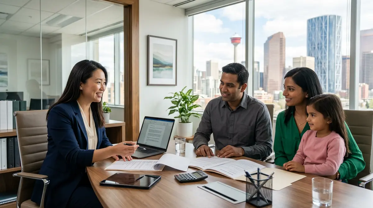 A new Canadian family reviewing mortgage documents with a broker in a modern Calgary office