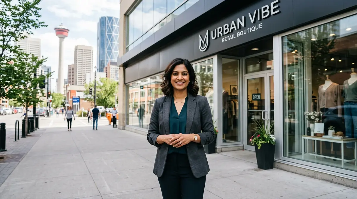 A Calgary entrepreneur standing in front of their new retail franchise funded by a second mortgage
