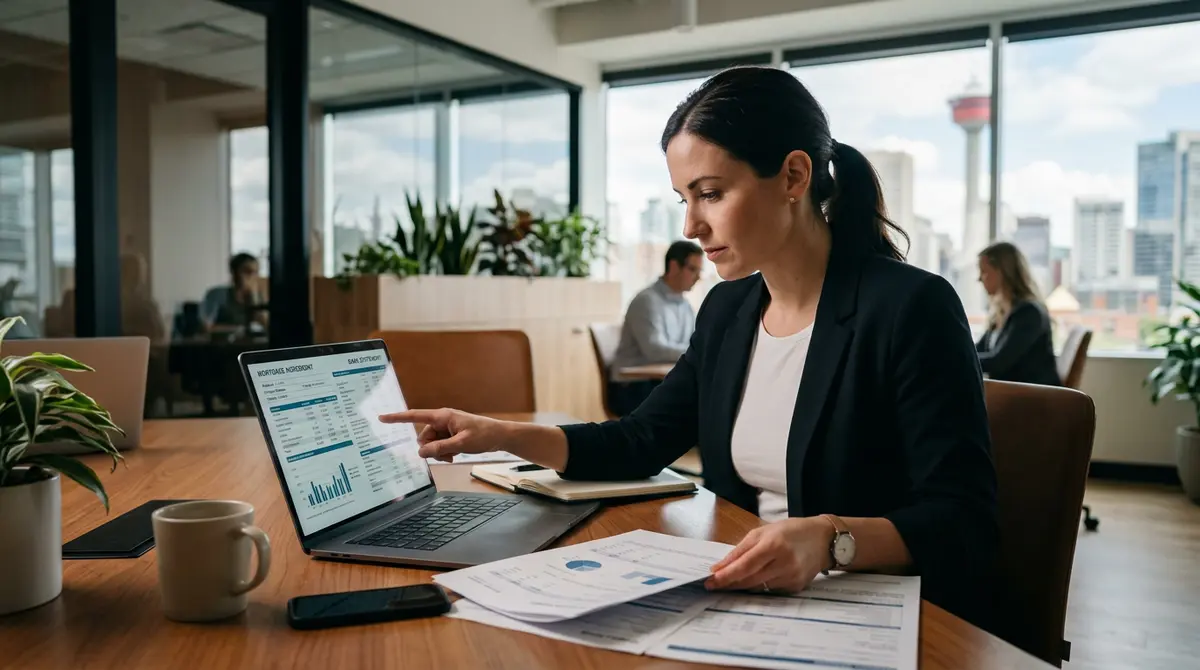 A Calgary sales professional reviewing mortgage documentation and bank statements on a laptop