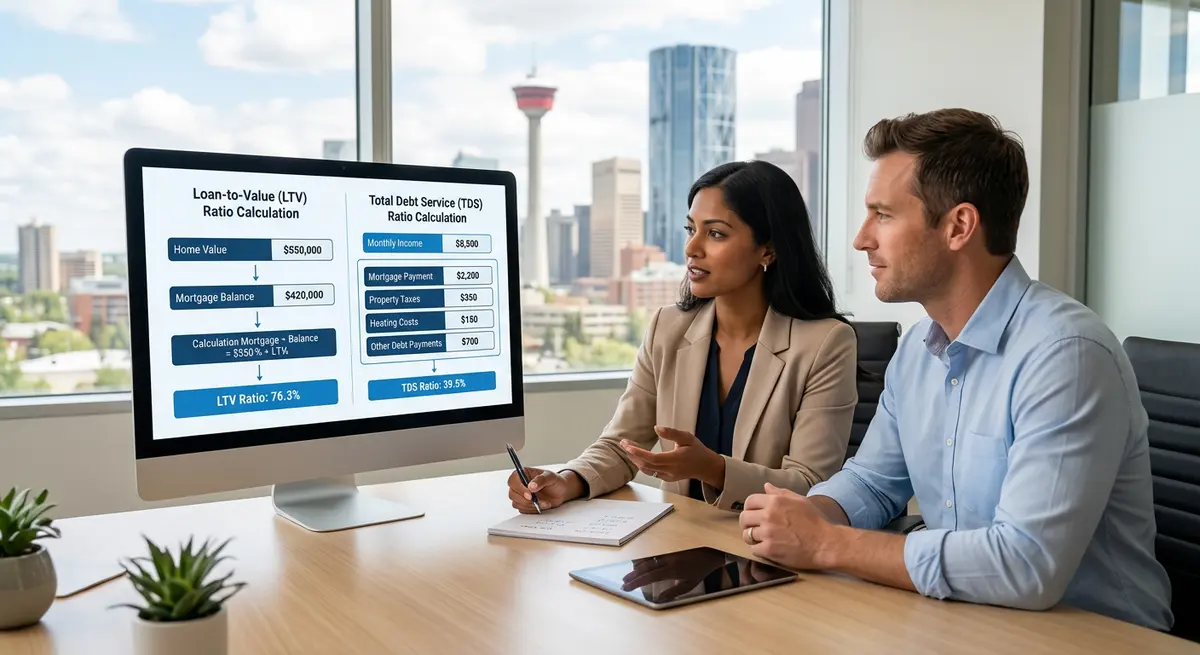 A chart showing Loan-to-Value and Total Debt Service ratio calculations for a Calgary homeowner