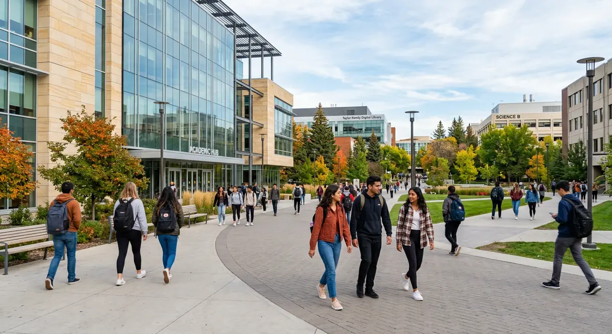 Calgary university campus with students walking between classes in 2026