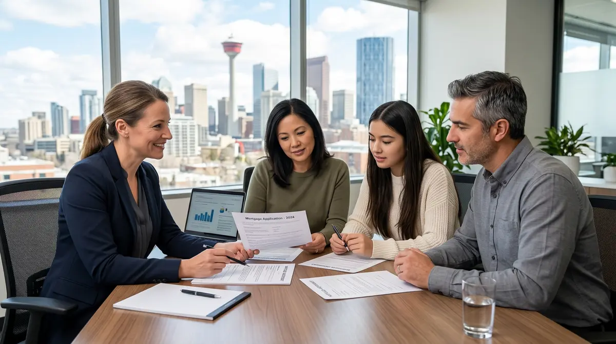 Parents and student reviewing mortgage documents with a financial advisor in Calgary