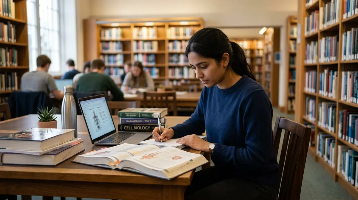 Medical student studying in a library, funded by a parental guarantor mortgage