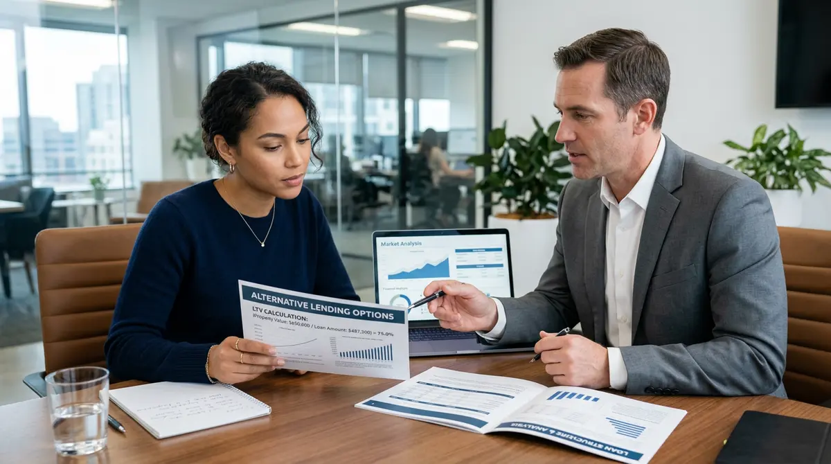 A borrower reviewing alternative lending documents and loan-to-value calculations with a financial advisor