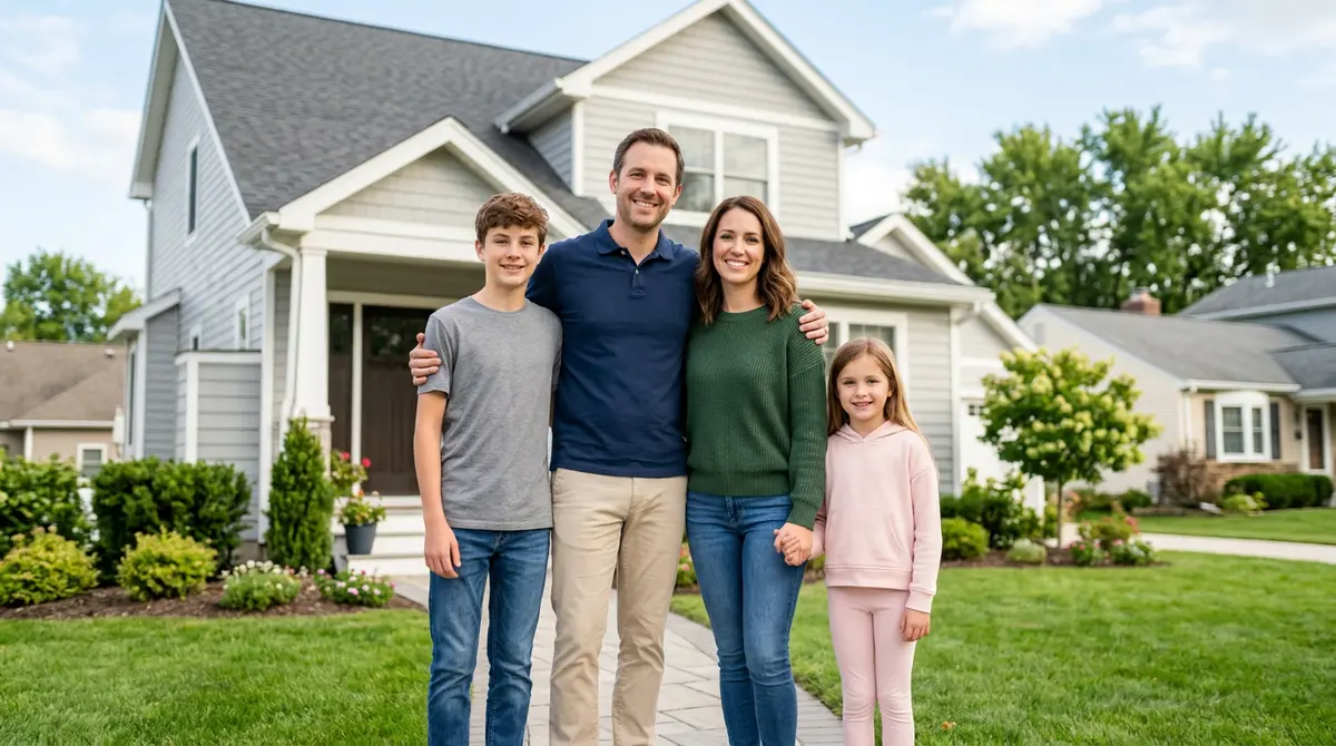 A family standing in front of their home after successfully consolidating debt using a subordinate mortgage