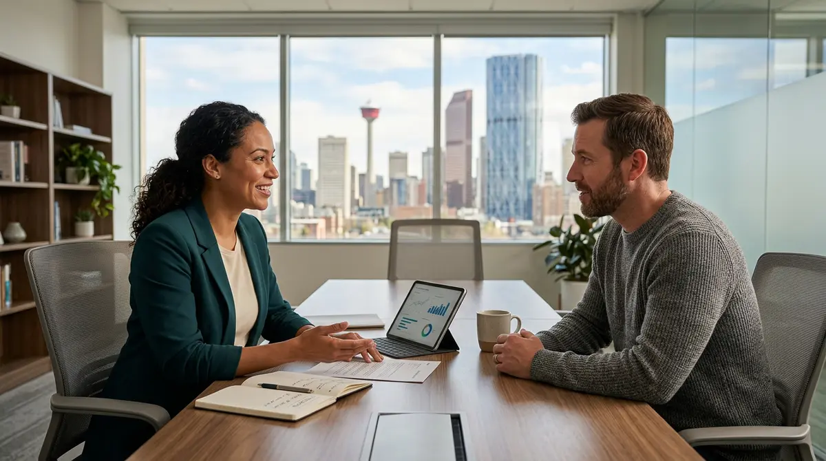 A financial advisor discussing alternative lending options with a Calgary homeowner in a modern office setting