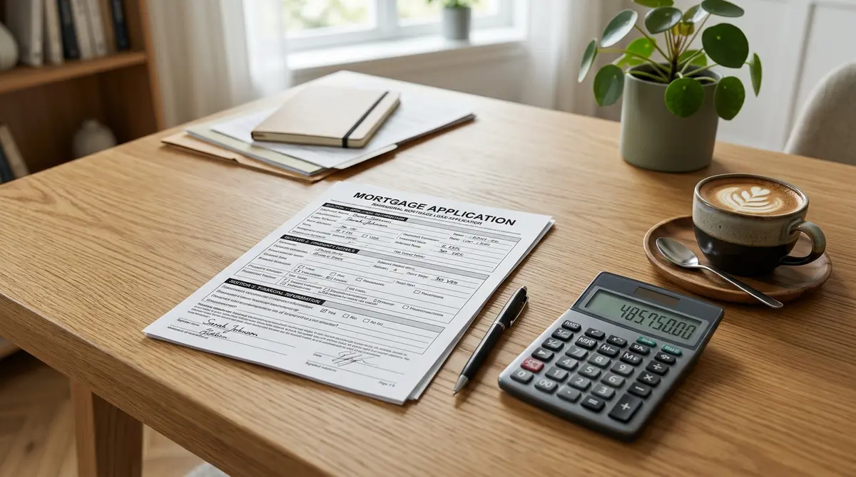 A detailed view of a mortgage application document next to a calculator and a cup of coffee
