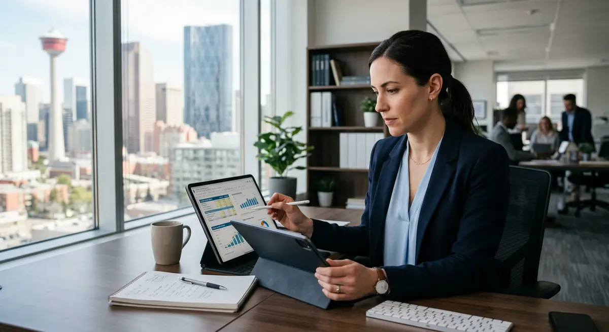 Financial underwriter reviewing debt service ratio calculations on a digital tablet in a Calgary office
